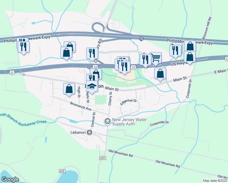 map of restaurants, bars, coffee shops, grocery stores, and more near 111 Main Street in Lebanon