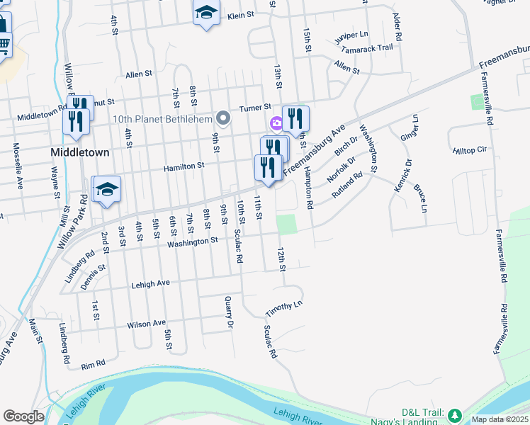 map of restaurants, bars, coffee shops, grocery stores, and more near 1726 11th Street in Bethlehem