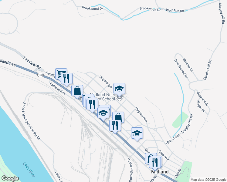 map of restaurants, bars, coffee shops, grocery stores, and more near 185 6th Street in Midland