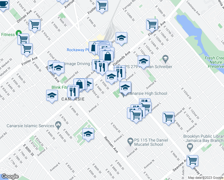 map of restaurants, bars, coffee shops, grocery stores, and more near 9501 Avenue J in Brooklyn
