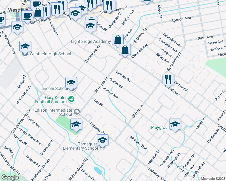 map of restaurants, bars, coffee shops, grocery stores, and more near 837 Summit Avenue in Westfield