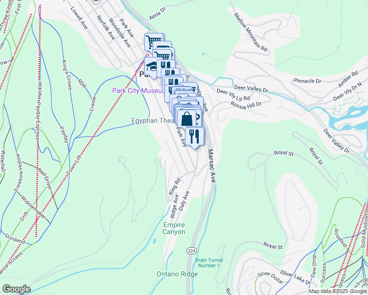 map of restaurants, bars, coffee shops, grocery stores, and more near 206 Park Avenue in Park City
