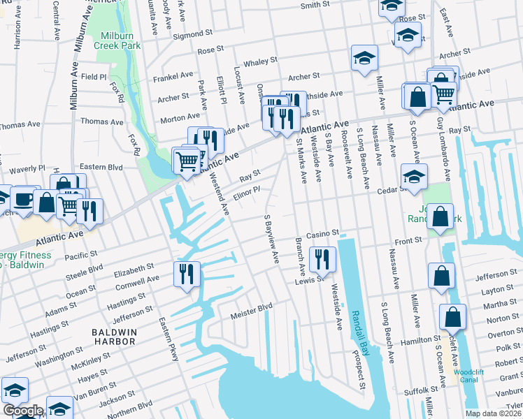 map of restaurants, bars, coffee shops, grocery stores, and more near 16 Johnson Place in Freeport