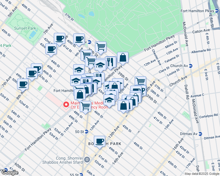 map of restaurants, bars, coffee shops, grocery stores, and more near 1128 42nd Street in Brooklyn