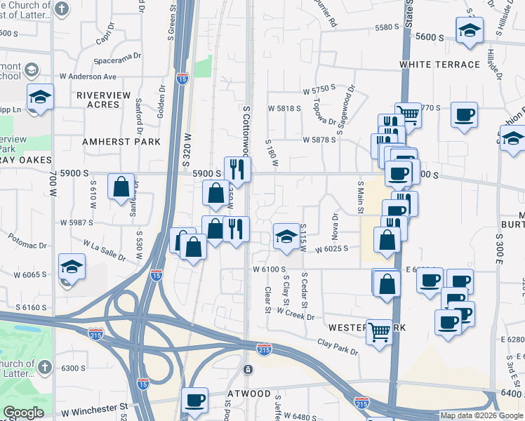 map of restaurants, bars, coffee shops, grocery stores, and more near 5979 South Sultan Circle in Murray