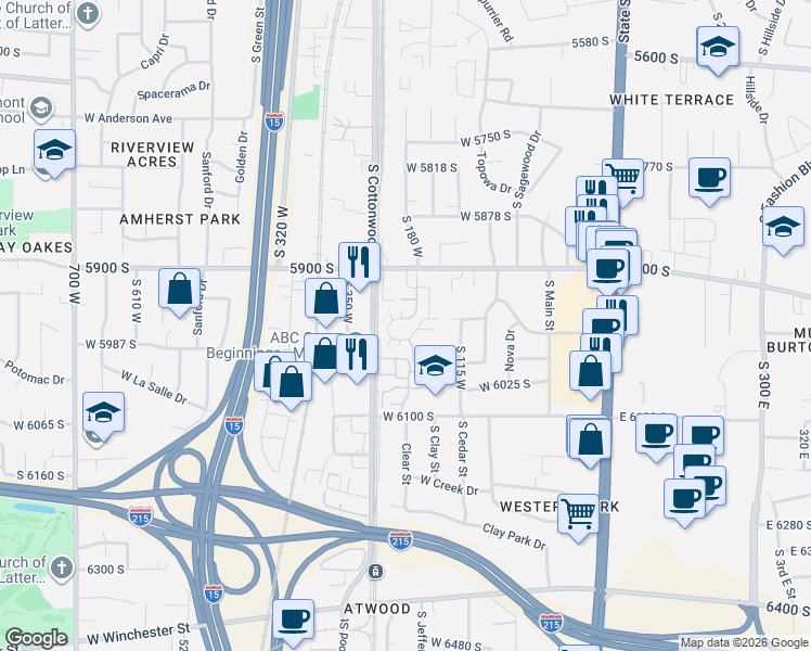 map of restaurants, bars, coffee shops, grocery stores, and more near 5981 South Sultan Circle in Murray