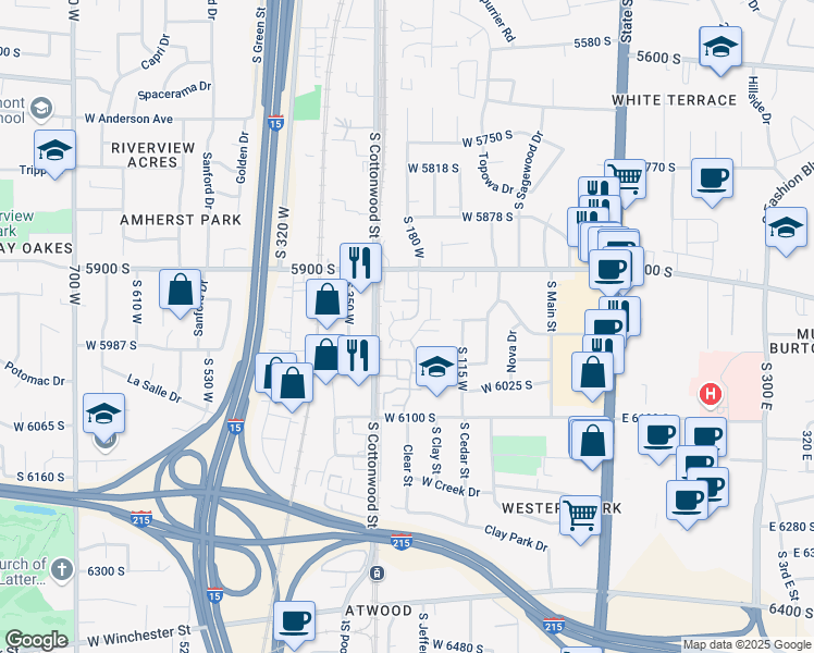 map of restaurants, bars, coffee shops, grocery stores, and more near 5981 South Sultan Circle in Murray