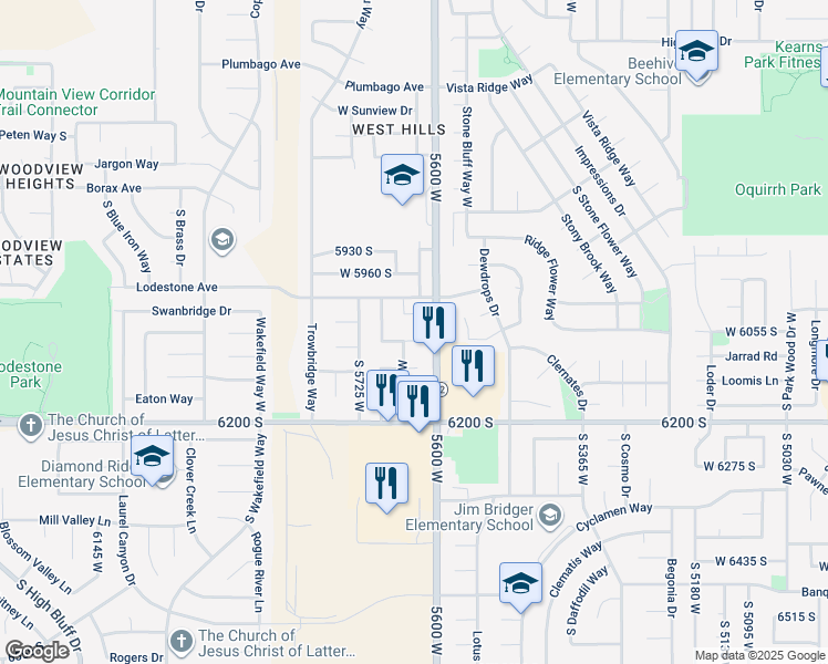 map of restaurants, bars, coffee shops, grocery stores, and more near 5638 Walnut View Circle in Kearns