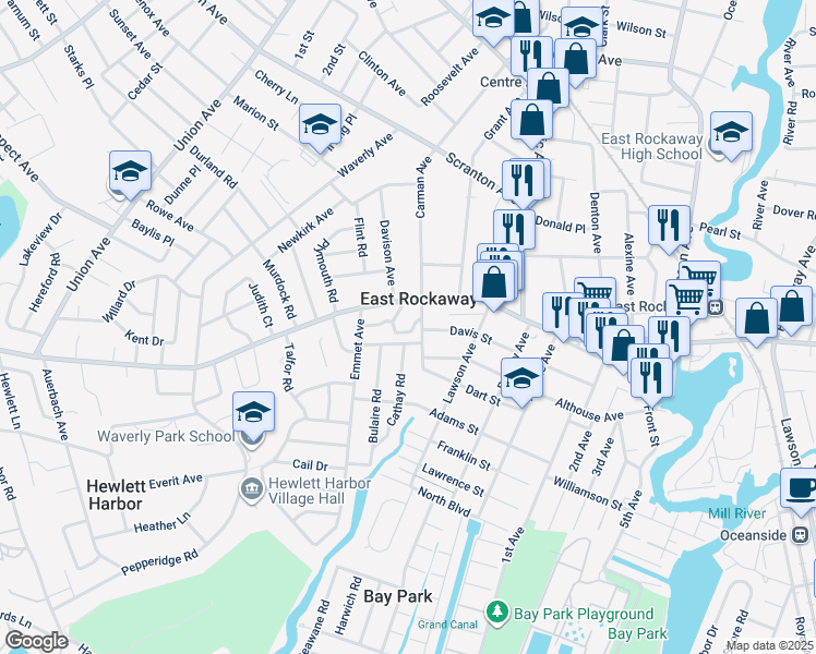 map of restaurants, bars, coffee shops, grocery stores, and more near 1 Davis Street in East Rockaway