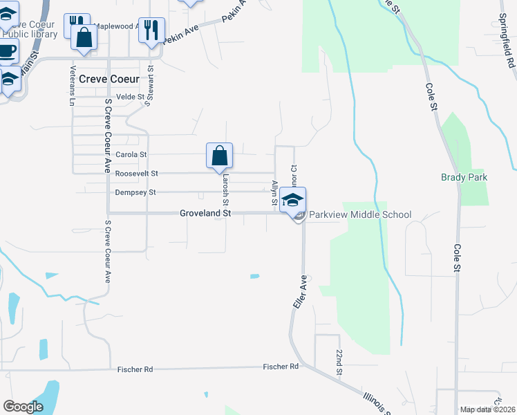 map of restaurants, bars, coffee shops, grocery stores, and more near 667 Groveland Street in Creve Coeur