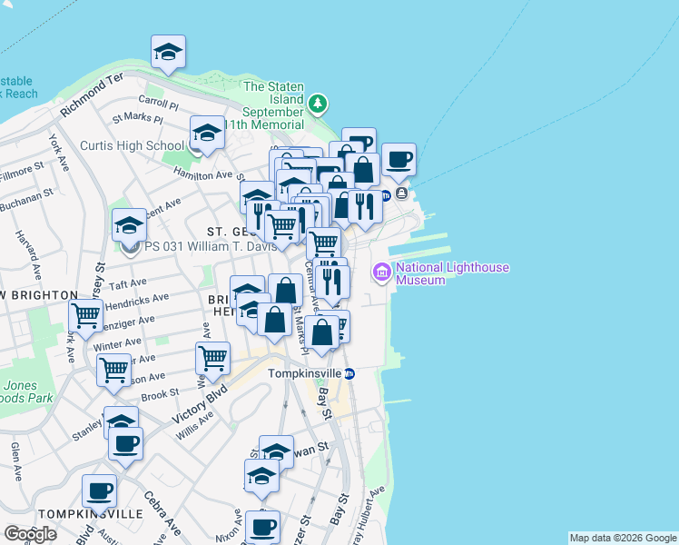 map of restaurants, bars, coffee shops, grocery stores, and more near 35 Bay Street in Staten Island