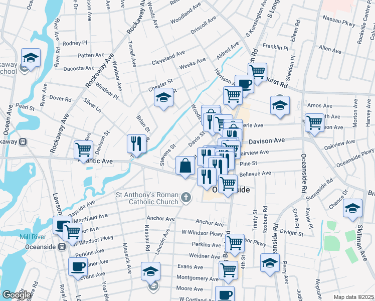 map of restaurants, bars, coffee shops, grocery stores, and more near 2945 Davis Street in Oceanside