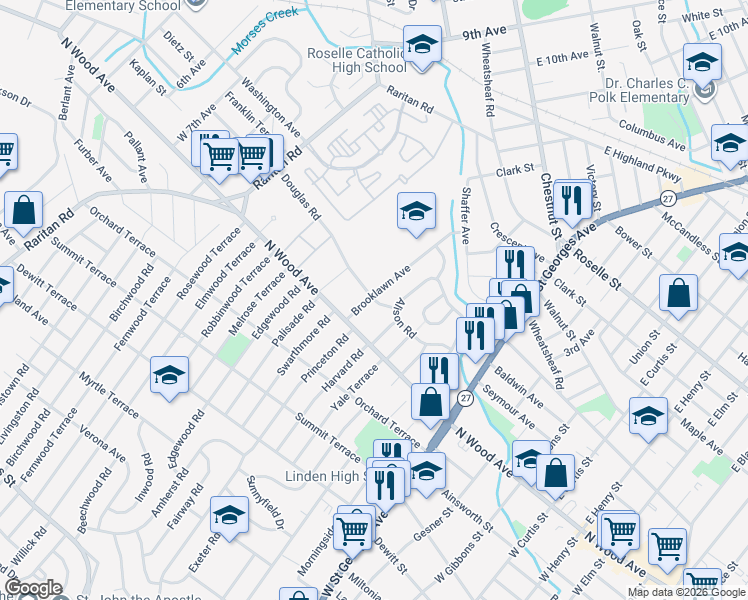 map of restaurants, bars, coffee shops, grocery stores, and more near 505 Brooklawn Avenue in Roselle