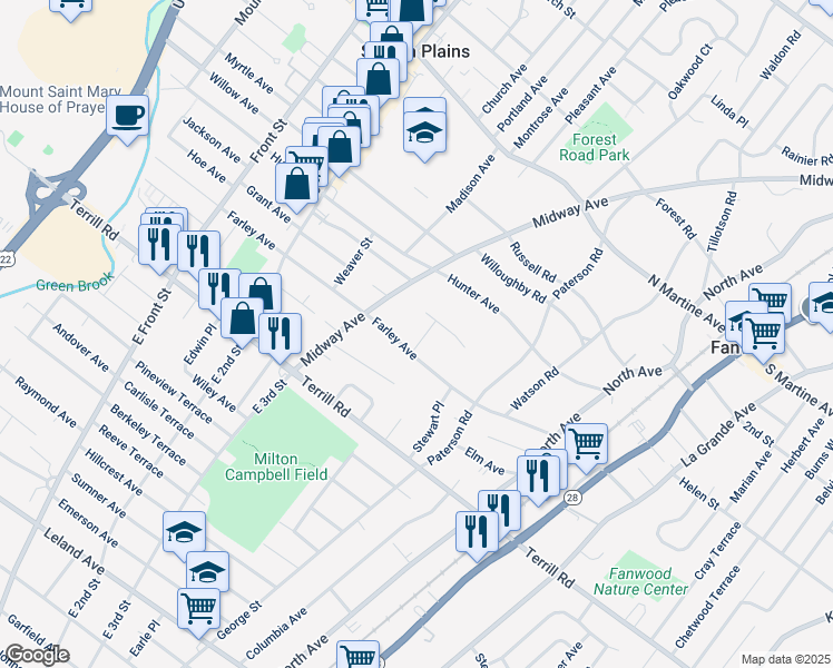 map of restaurants, bars, coffee shops, grocery stores, and more near 170 Farley Avenue in Fanwood