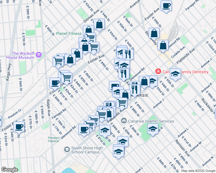 map of restaurants, bars, coffee shops, grocery stores, and more near 638 East 87th Street in Brooklyn