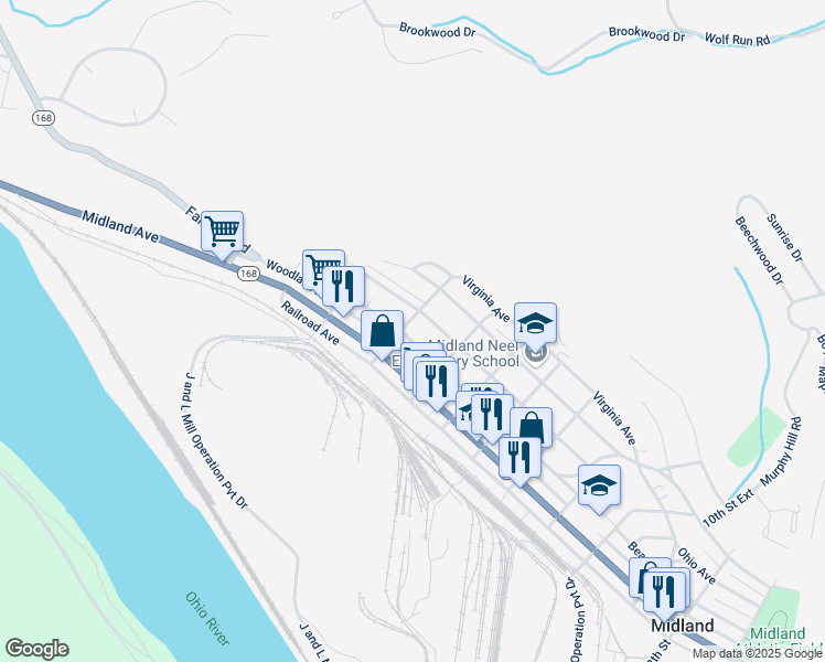 map of restaurants, bars, coffee shops, grocery stores, and more near 421 Beaver Avenue in Midland