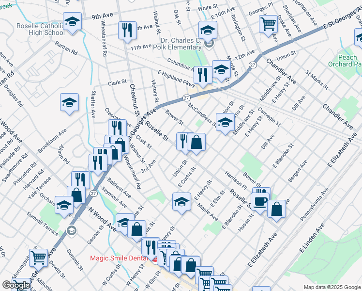 map of restaurants, bars, coffee shops, grocery stores, and more near 1204 Roselle Street in Linden