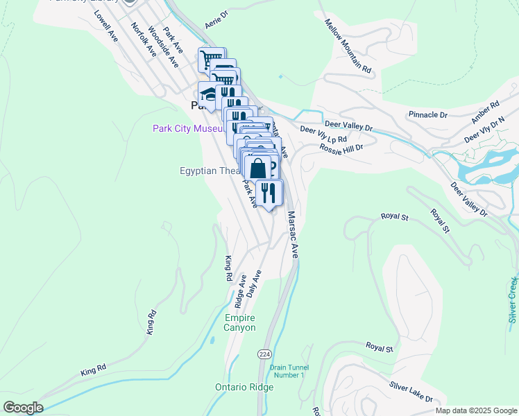 map of restaurants, bars, coffee shops, grocery stores, and more near 220 Park Avenue in Park City