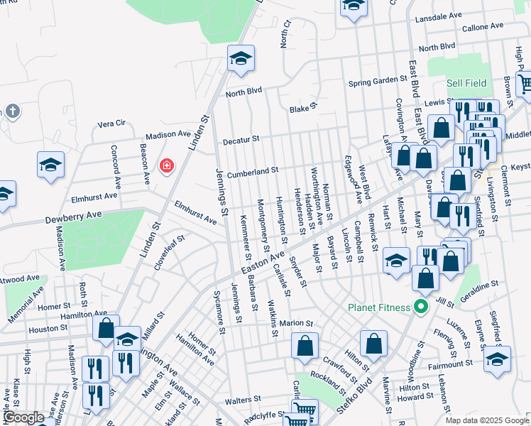 map of restaurants, bars, coffee shops, grocery stores, and more near 2042 Montgomery Street in Bethlehem