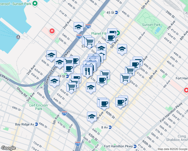 map of restaurants, bars, coffee shops, grocery stores, and more near 538 56th Street in Brooklyn