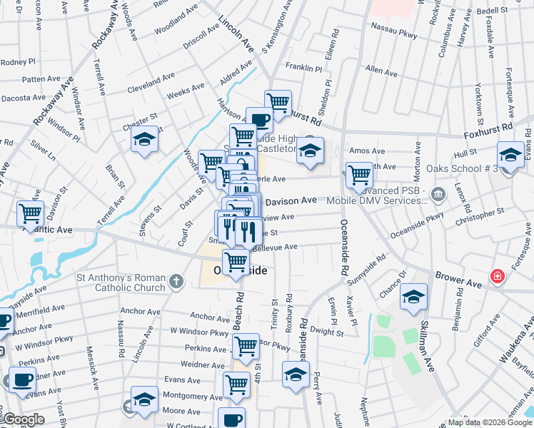 map of restaurants, bars, coffee shops, grocery stores, and more near 48 Fairview Avenue in Oceanside