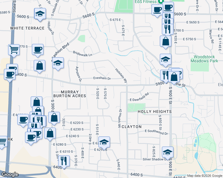 map of restaurants, bars, coffee shops, grocery stores, and more near 5916 South 620 East in Murray
