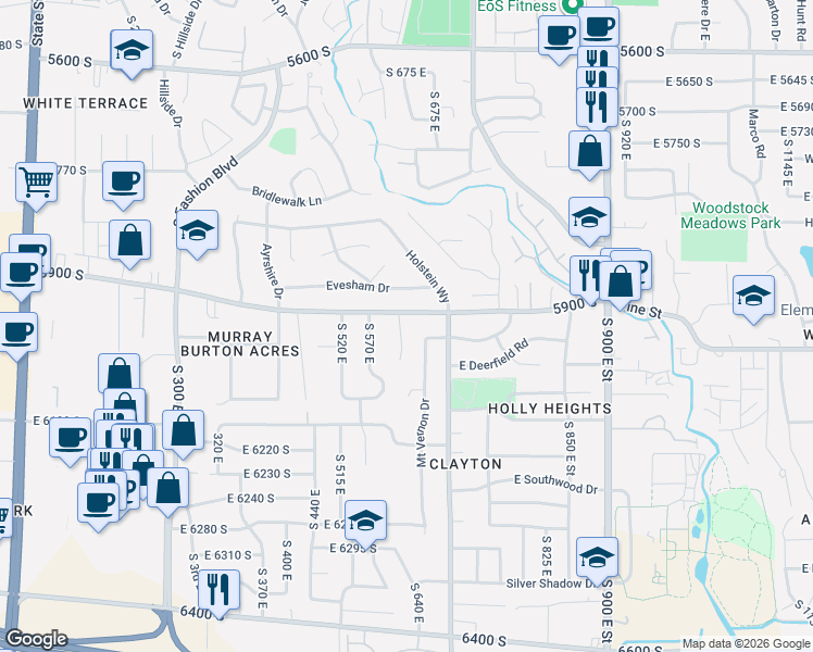 map of restaurants, bars, coffee shops, grocery stores, and more near 5926 South 620 East in Murray