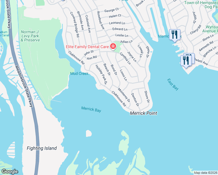 map of restaurants, bars, coffee shops, grocery stores, and more near 3045 Beach Drive in Merrick