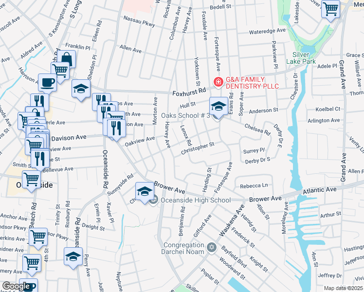 map of restaurants, bars, coffee shops, grocery stores, and more near 323 Christopher Street in Oceanside