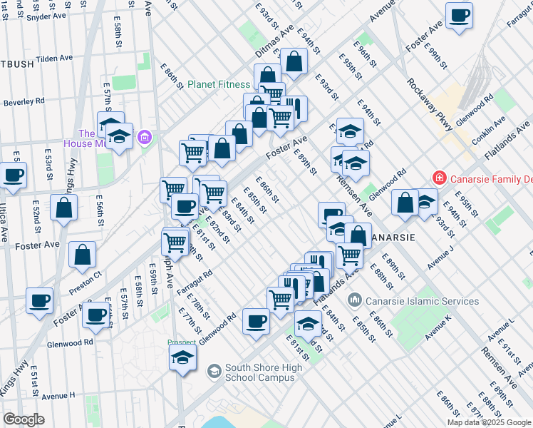 map of restaurants, bars, coffee shops, grocery stores, and more near 589 East 84th Street in Brooklyn