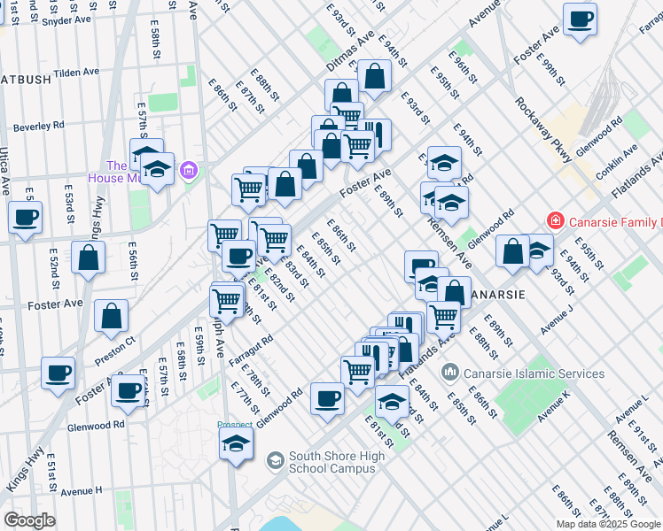 map of restaurants, bars, coffee shops, grocery stores, and more near 589 East 84th Street in Brooklyn
