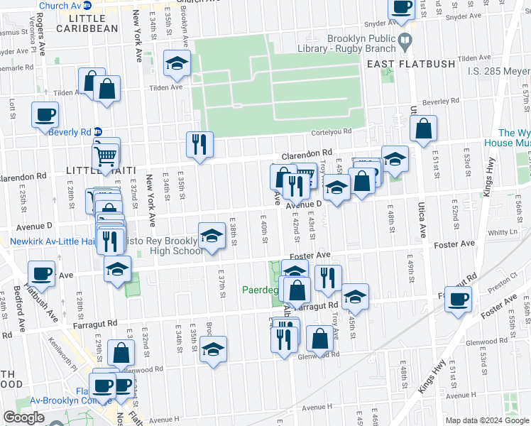 map of restaurants, bars, coffee shops, grocery stores, and more near 657 East 39th Street in Brooklyn
