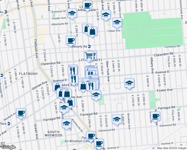 map of restaurants, bars, coffee shops, grocery stores, and more near Avenue D in Brooklyn