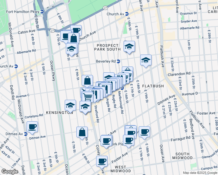 map of restaurants, bars, coffee shops, grocery stores, and more near 1201 Cortelyou Road in Brooklyn