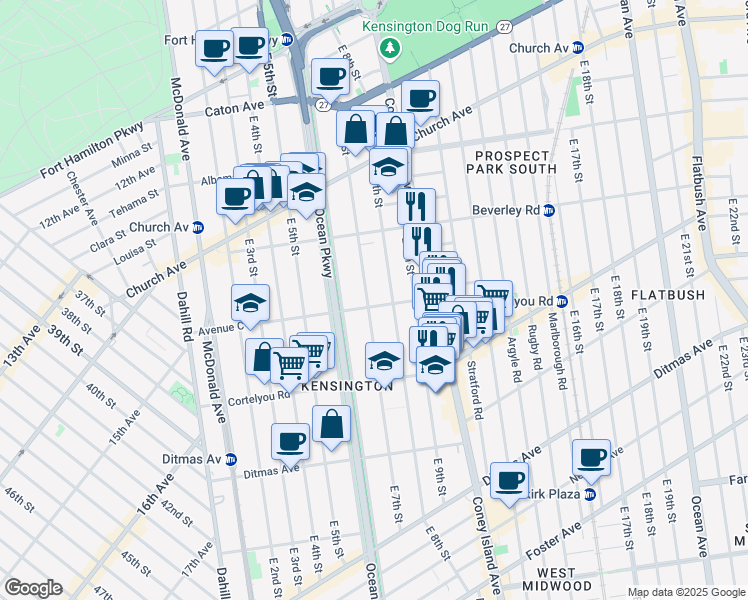 map of restaurants, bars, coffee shops, grocery stores, and more near 696 Avenue C in Brooklyn