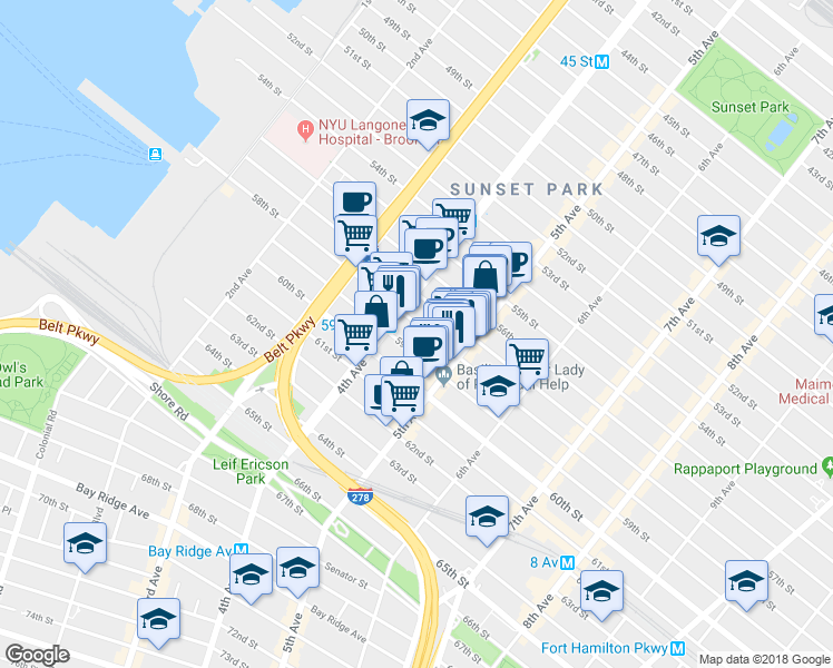 map of restaurants, bars, coffee shops, grocery stores, and more near 452 58th Street in Brooklyn