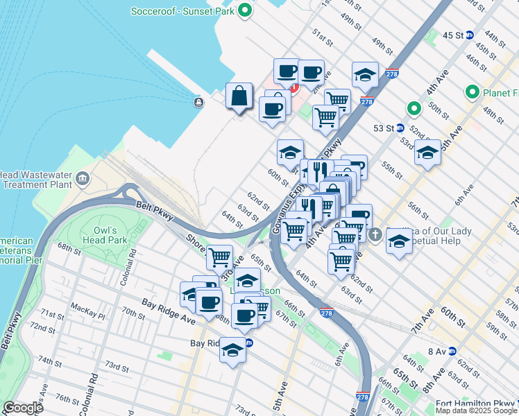 map of restaurants, bars, coffee shops, grocery stores, and more near 274 62nd Street in Brooklyn