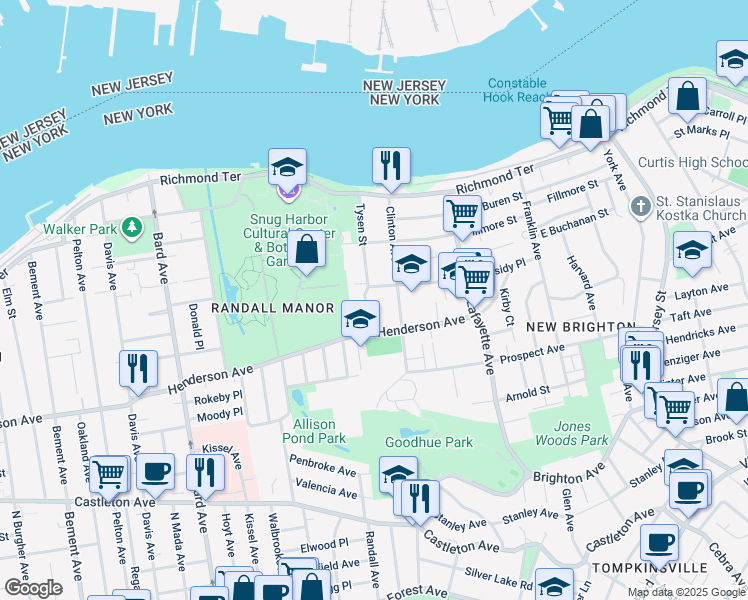 map of restaurants, bars, coffee shops, grocery stores, and more near 144 Clinton Avenue in Staten Island
