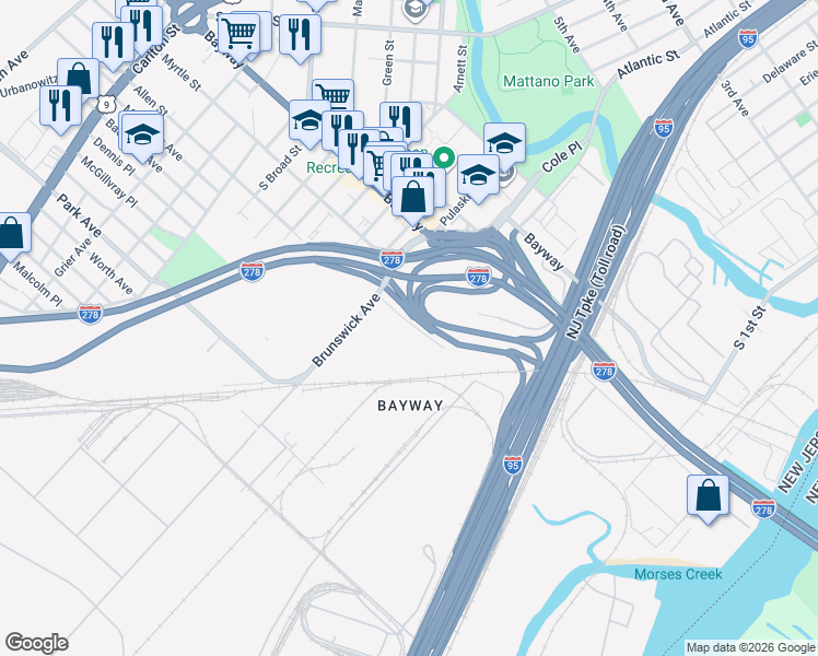 map of restaurants, bars, coffee shops, grocery stores, and more near 410 Allen Street in Elizabeth