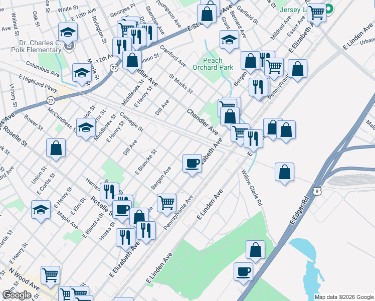 map of restaurants, bars, coffee shops, grocery stores, and more near 1030 Essex Avenue in Linden