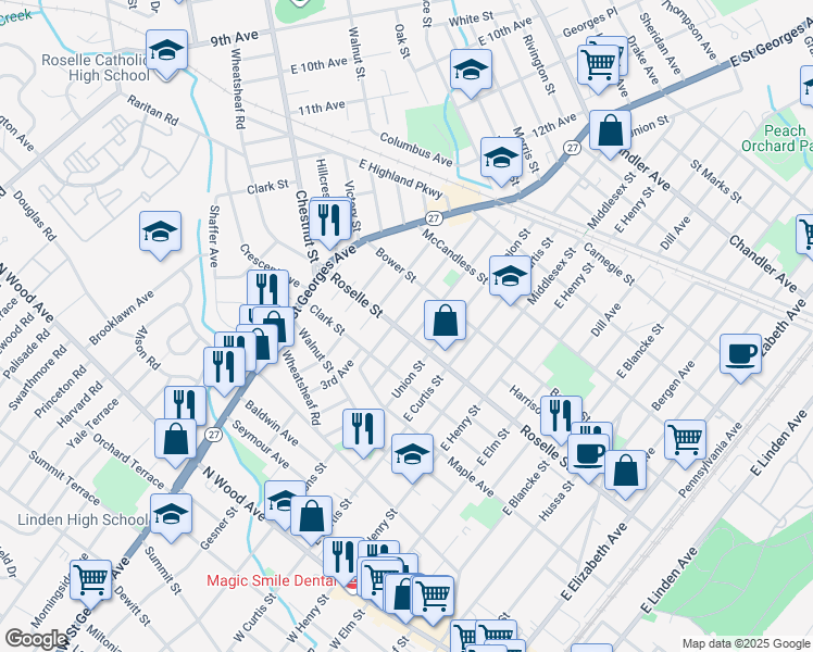 map of restaurants, bars, coffee shops, grocery stores, and more near 1204 Roselle Street in Linden
