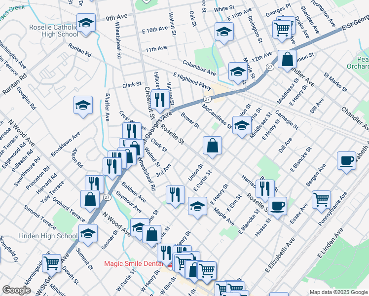 map of restaurants, bars, coffee shops, grocery stores, and more near 512 Van Buren Avenue in Linden