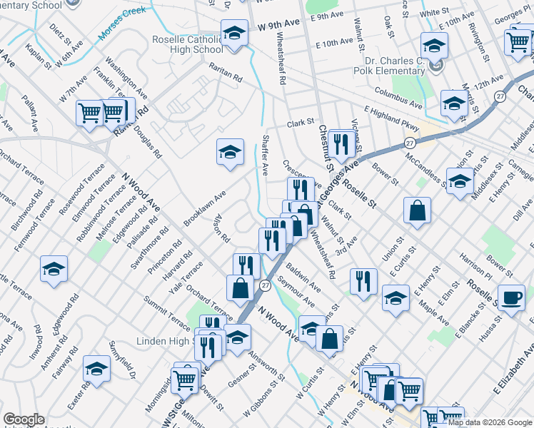 map of restaurants, bars, coffee shops, grocery stores, and more near 453 Brookside Drive in Roselle