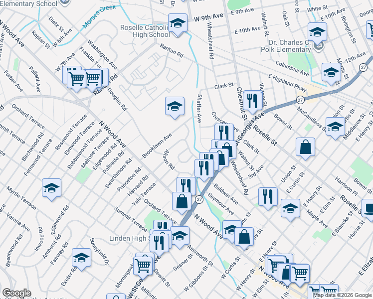 map of restaurants, bars, coffee shops, grocery stores, and more near 11 Heather Lane in Roselle