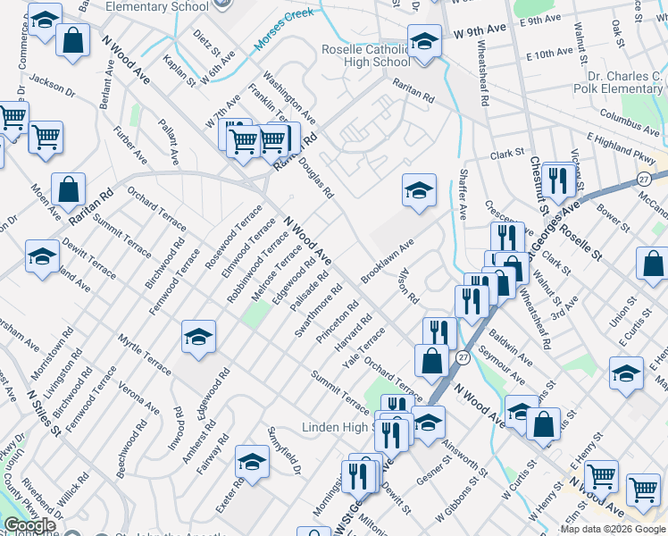 map of restaurants, bars, coffee shops, grocery stores, and more near 1711 North Wood Avenue in Linden