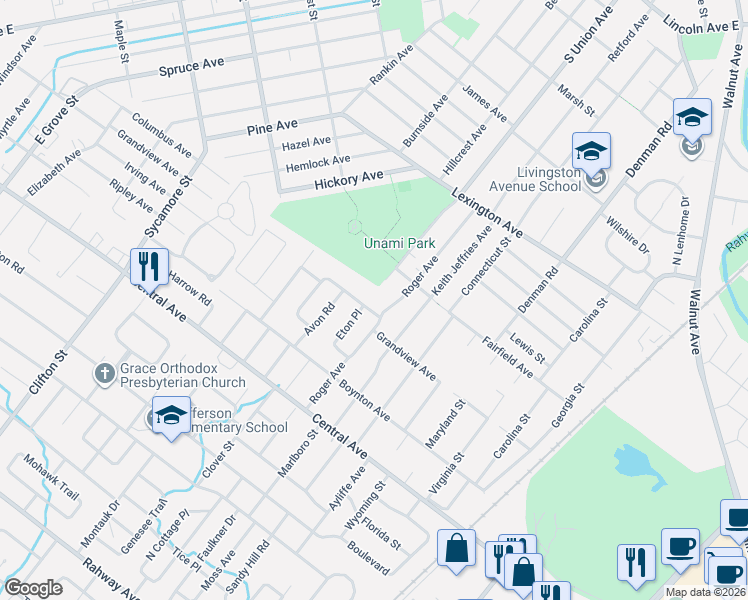 map of restaurants, bars, coffee shops, grocery stores, and more near 1485 Grandview Avenue in Westfield