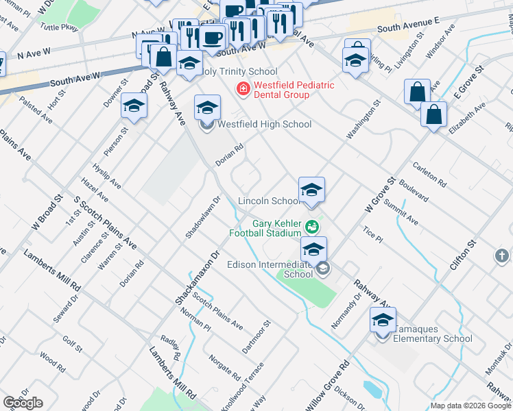 map of restaurants, bars, coffee shops, grocery stores, and more near 561 Shackamaxon Drive in Westfield