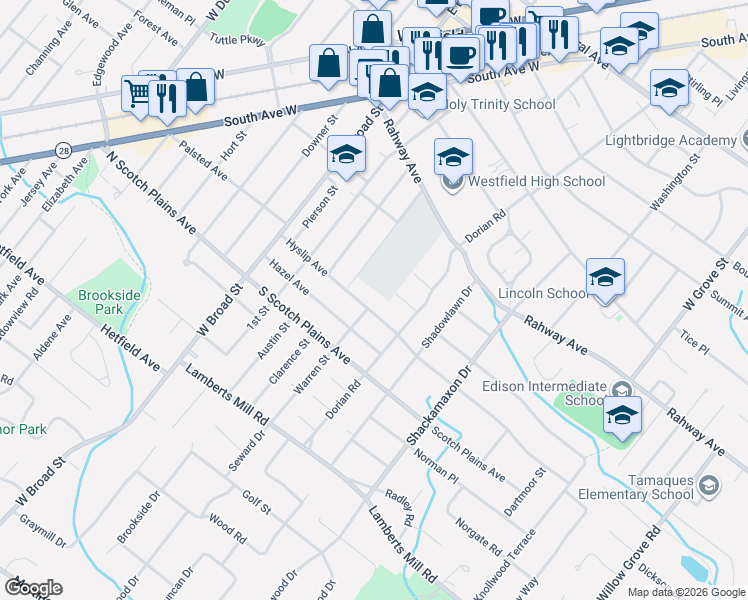 map of restaurants, bars, coffee shops, grocery stores, and more near 319 Hyslip Avenue in Westfield