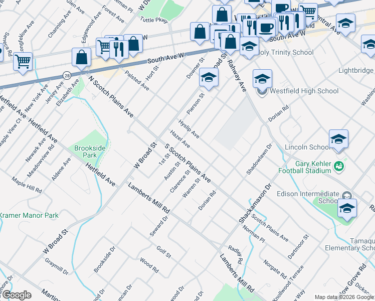 map of restaurants, bars, coffee shops, grocery stores, and more near 238 Hazel Avenue in Westfield