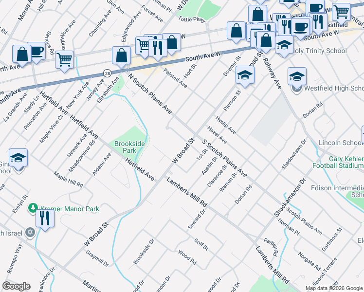 map of restaurants, bars, coffee shops, grocery stores, and more near 744 West Broad Street in Westfield